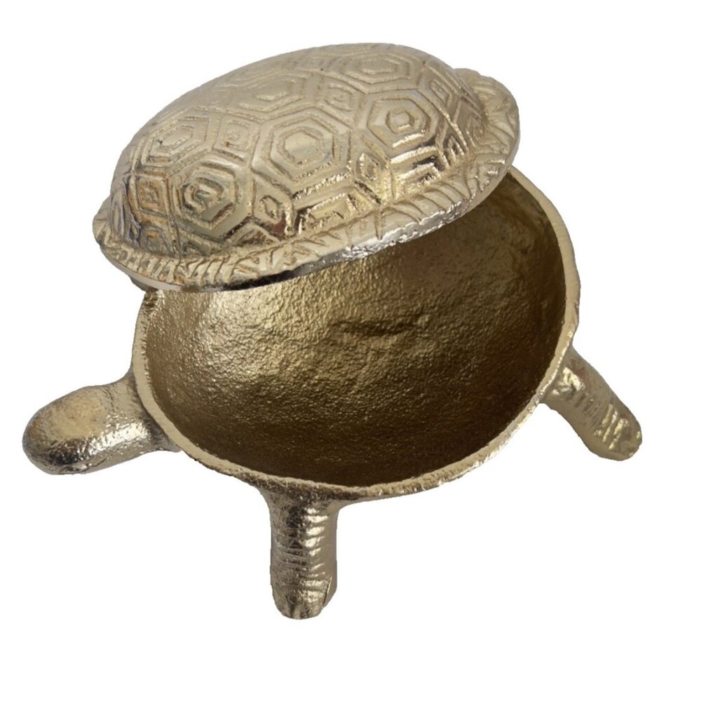 Turtle Trinket Box With Lid Gold Brass 6"L x 5"W Tortoise Shell Lover Gift - Picture 2 of 9
